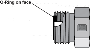 ORFS (O-ring Face Seal) fitting showing the O-ring seated in a groove on the flat face of the fitting