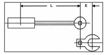 Diagram showing the E offset between a torque wrench drive and a crowfoot wrench